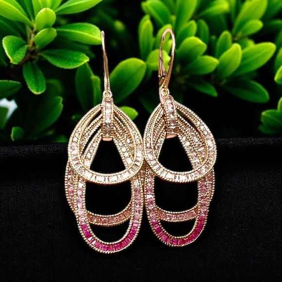 Pink Sapphire & CZ Earrings | 14K Yellow Gold Vermeil | Handmade | Nickel Free - Picture 1 of 7